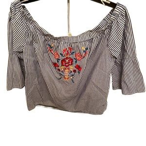 Blue Rain Off Shoulder Boho Stripped Embroidered Short Blouse